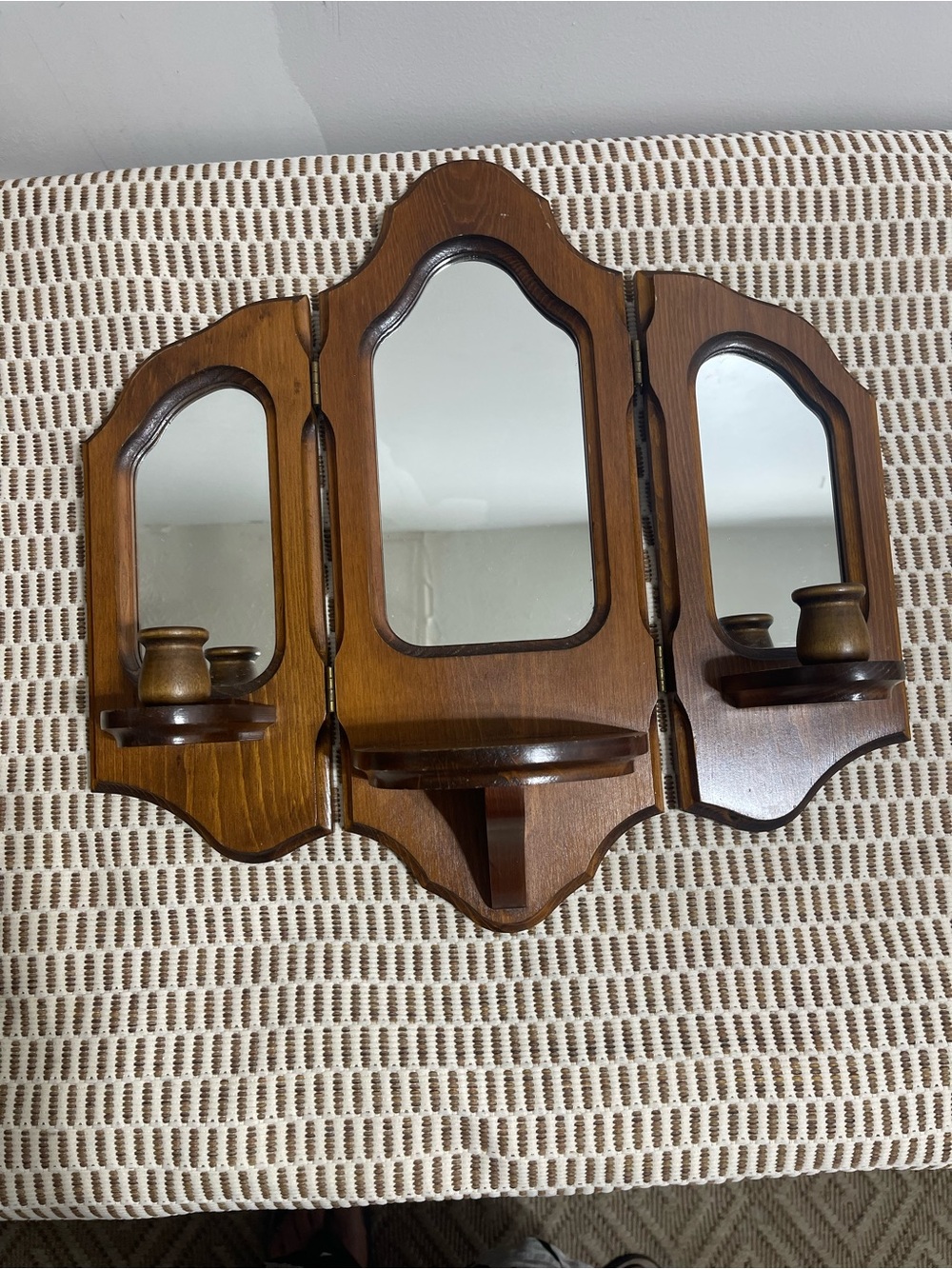 Vintage Wood Tri-View Wall Mirror Shelf in Brown